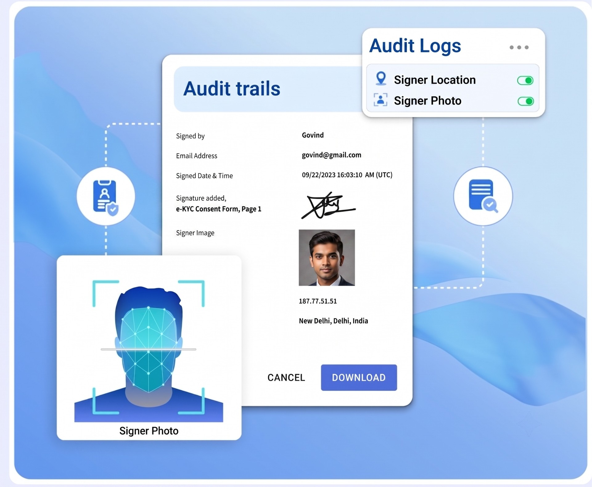 Audit trail with signer location and identity verification